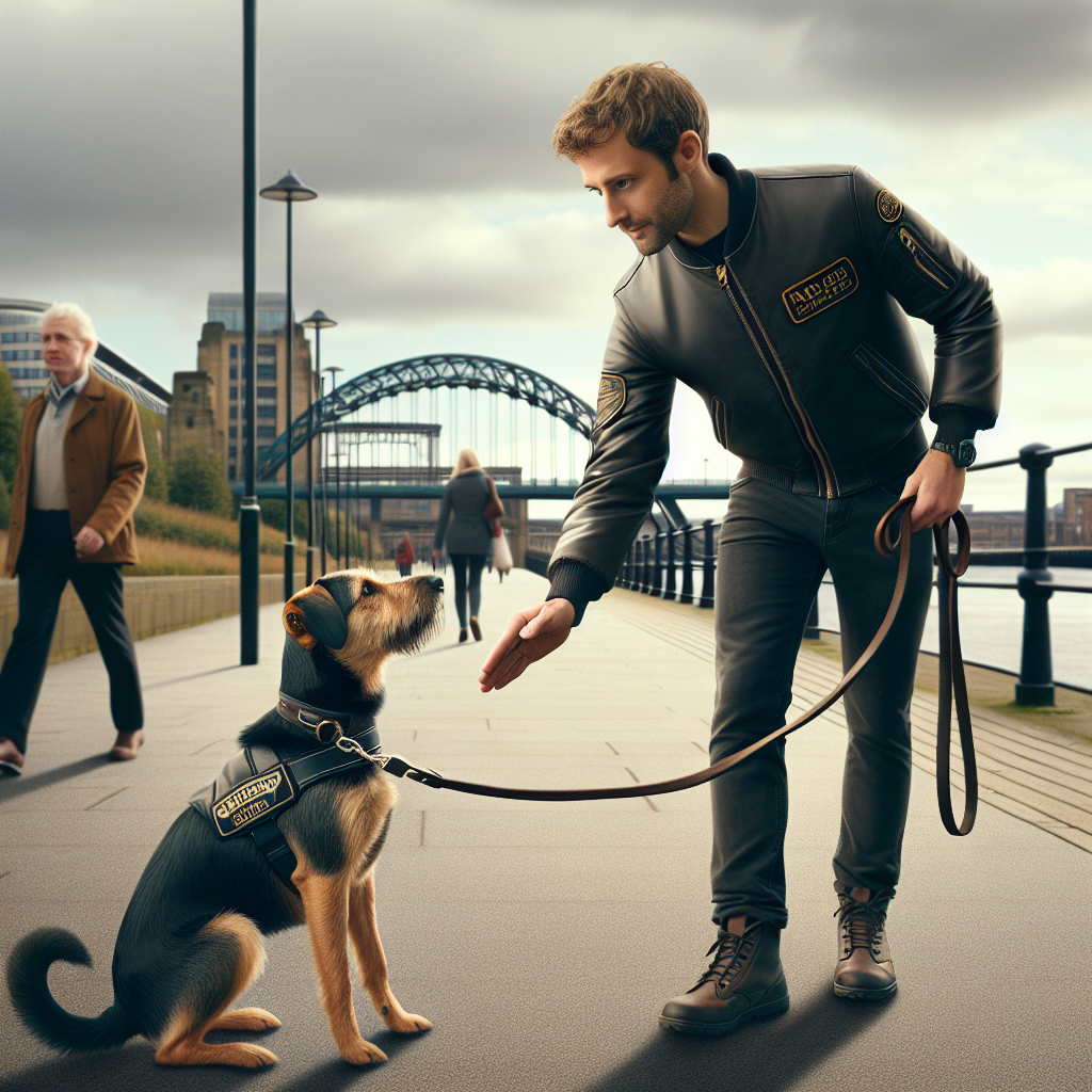 Trainer practising loose-lead walking with a mixed-breed dog along a riverside path in Gateshead