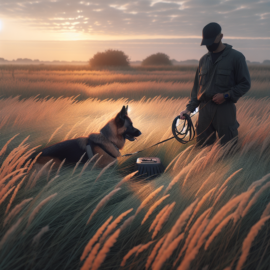 German Shepherd performing an IGP article indication on grass as a UK trainer manages the long line