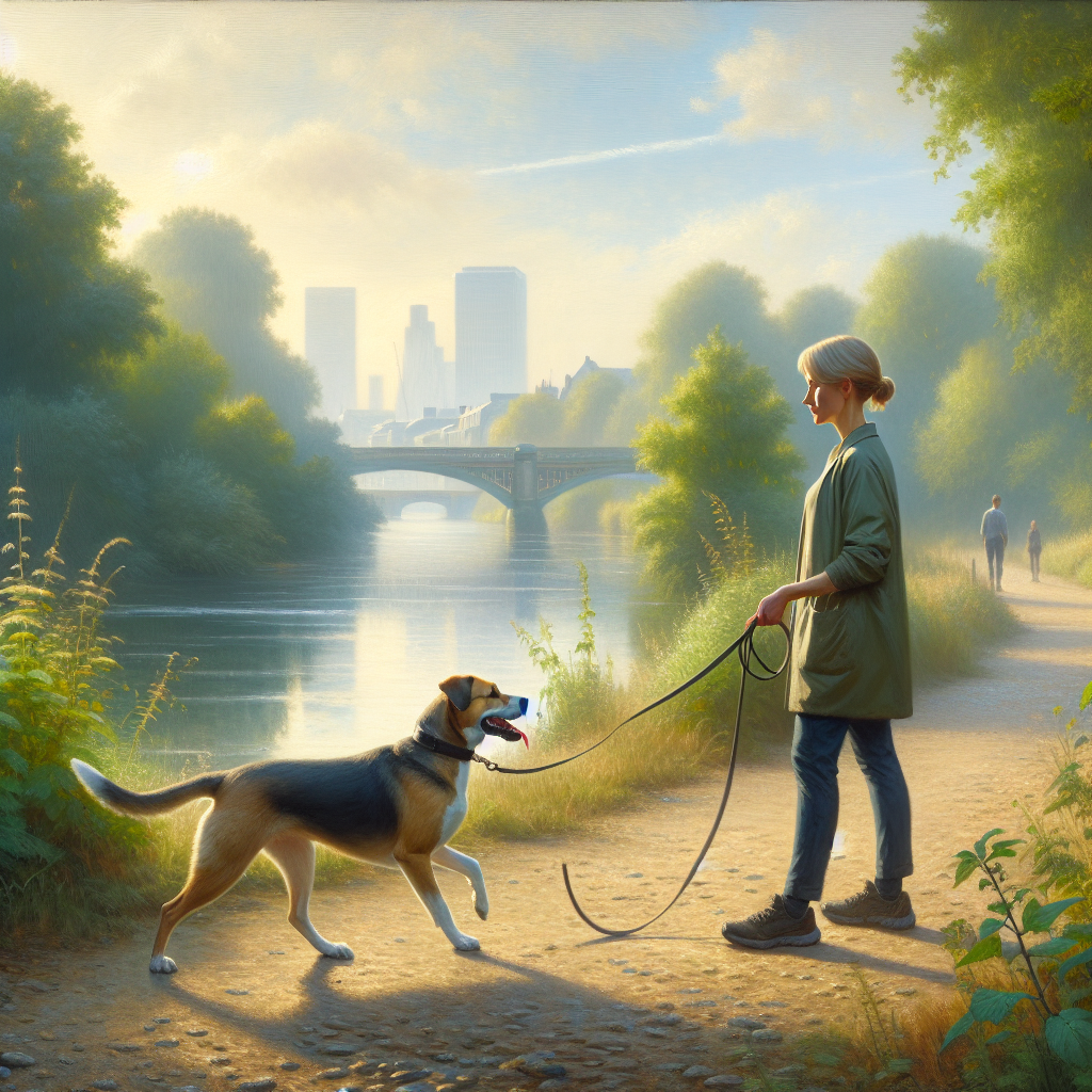 Smart Dog Training instructor practising loose lead walking with a dog on a quiet riverside path in West London