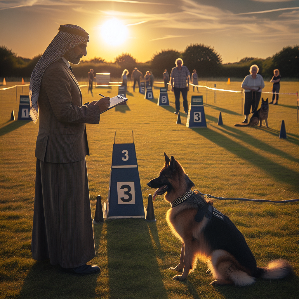 Judge giving post trial feedback to a handler with a focused German Shepherd on a UK trial field