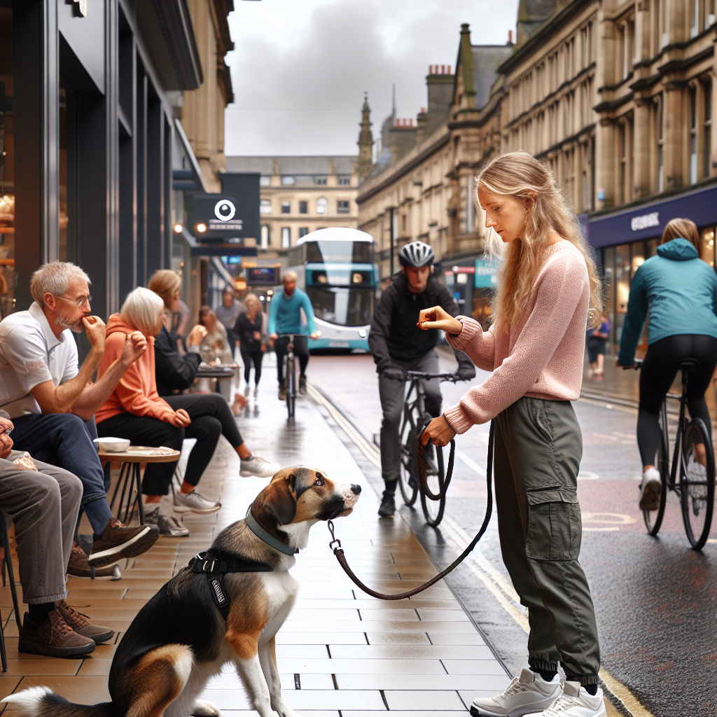 Trainer practising calm heel with a mixed breed dog beside a busy UK cafe in a noisy city street