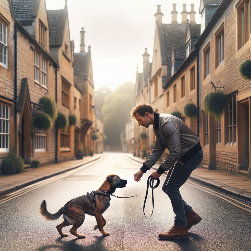 Trainer teaching loose lead walking to a mixed breed dog on a historic Stamford street