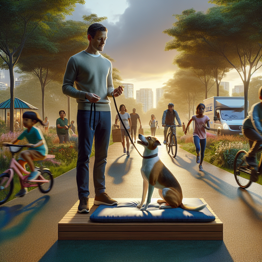 Trainer reinforcing a dog on a raised place bed amid busy UK park distractions