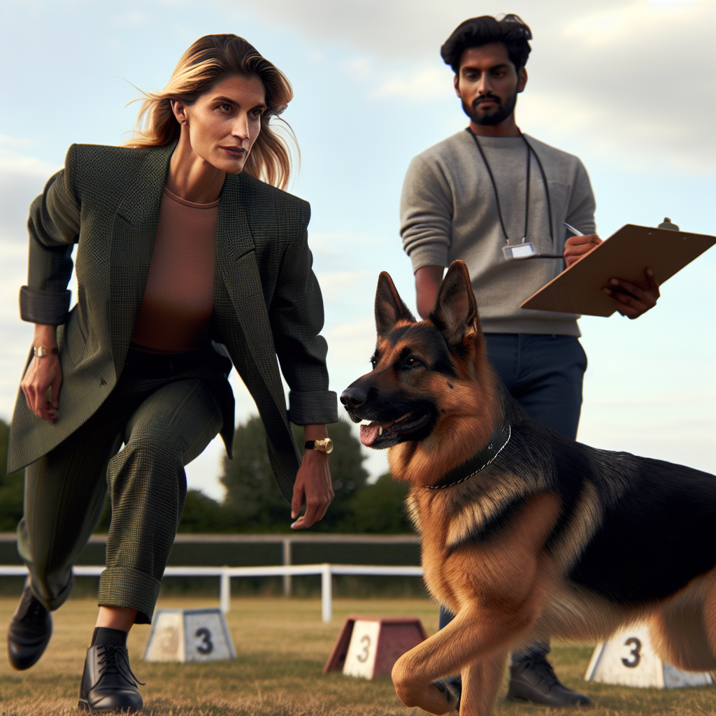 Trainer and German Shepherd rehearsing trial heeling with a steward present and no visible rewards