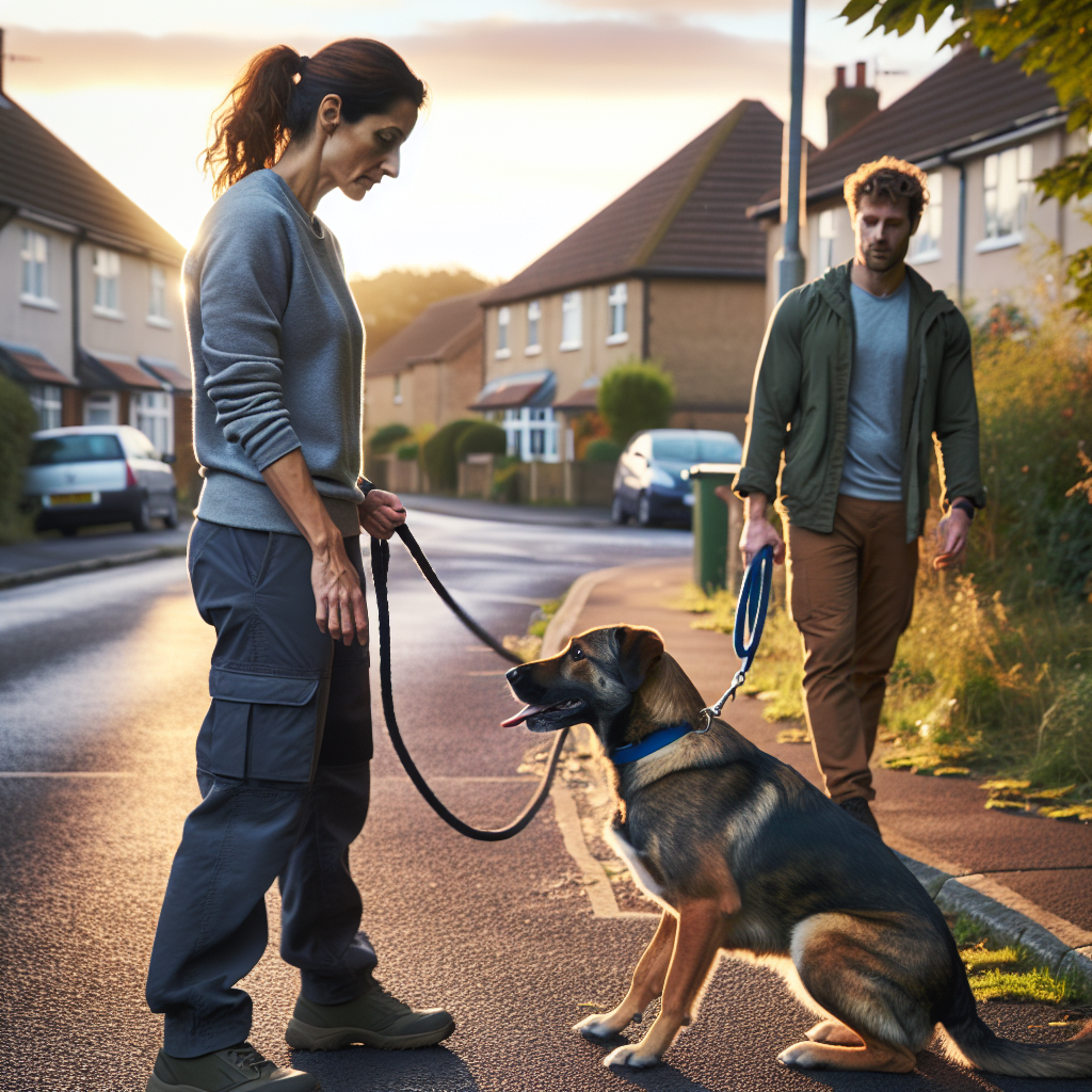 Dog trainer coaching loose lead walking with a mixed-breed dog on a quiet Harrow street