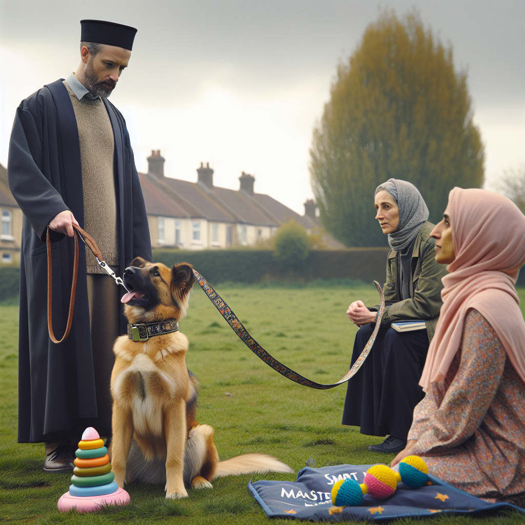 Trainer guiding a dog to stay calm near a tug toy during a neutrality session in a UK park