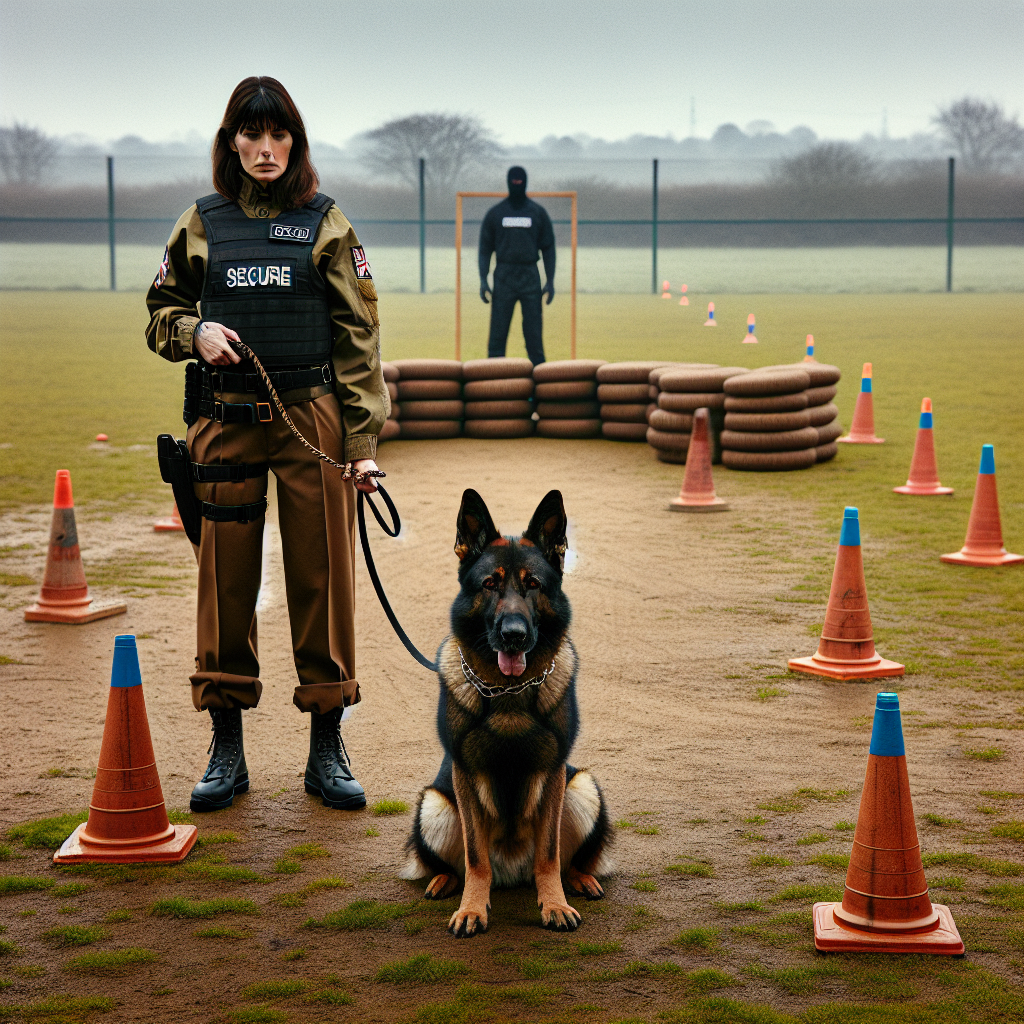 IGP training field with cones marking a safe zone, handler and German Shepherd working near a decoy in a protective suit