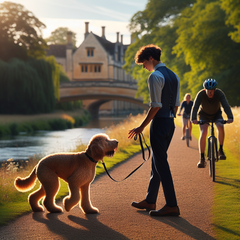 Trainer teaching loose lead heel to a Labradoodle on a riverside path in Oxford with cyclists passing calmly