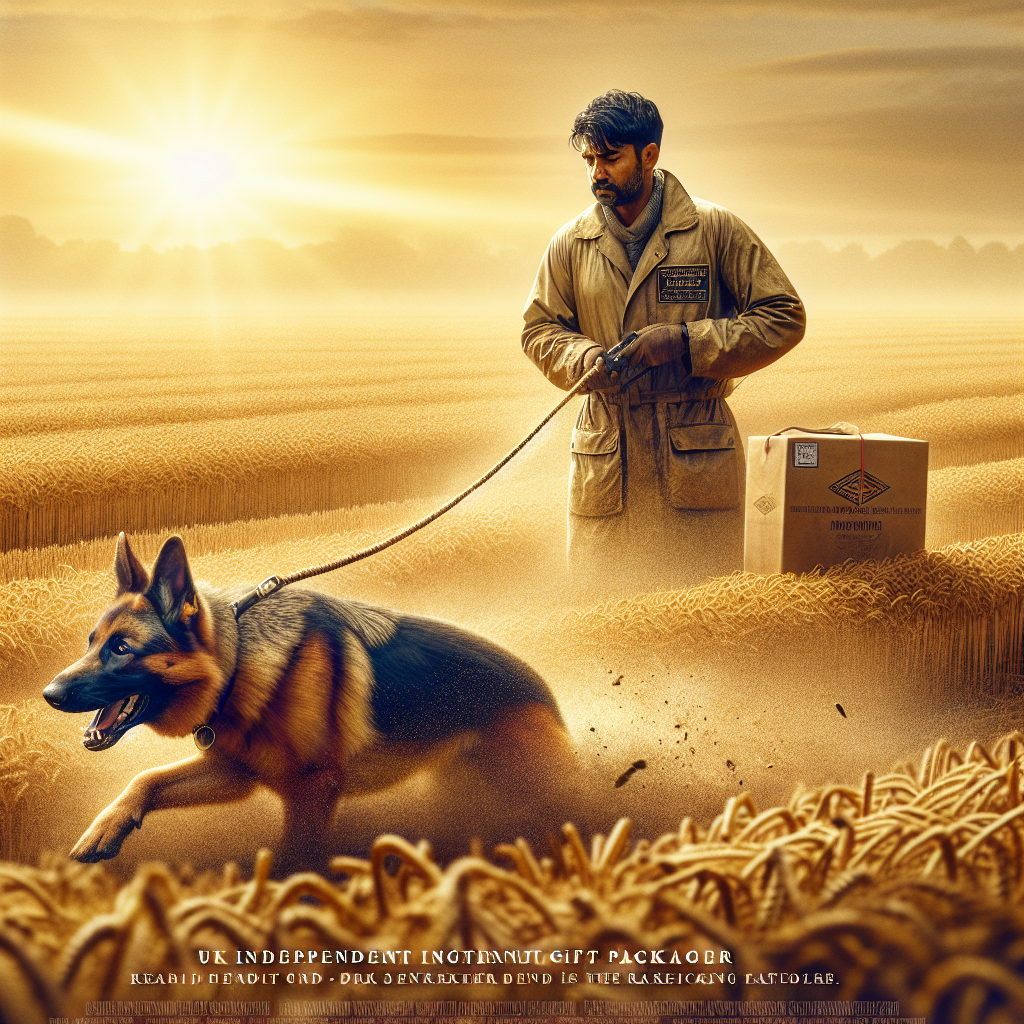 IGP handler guiding a German Shepherd tracking on a dry stubble field at sunrise with a 10-metre line
