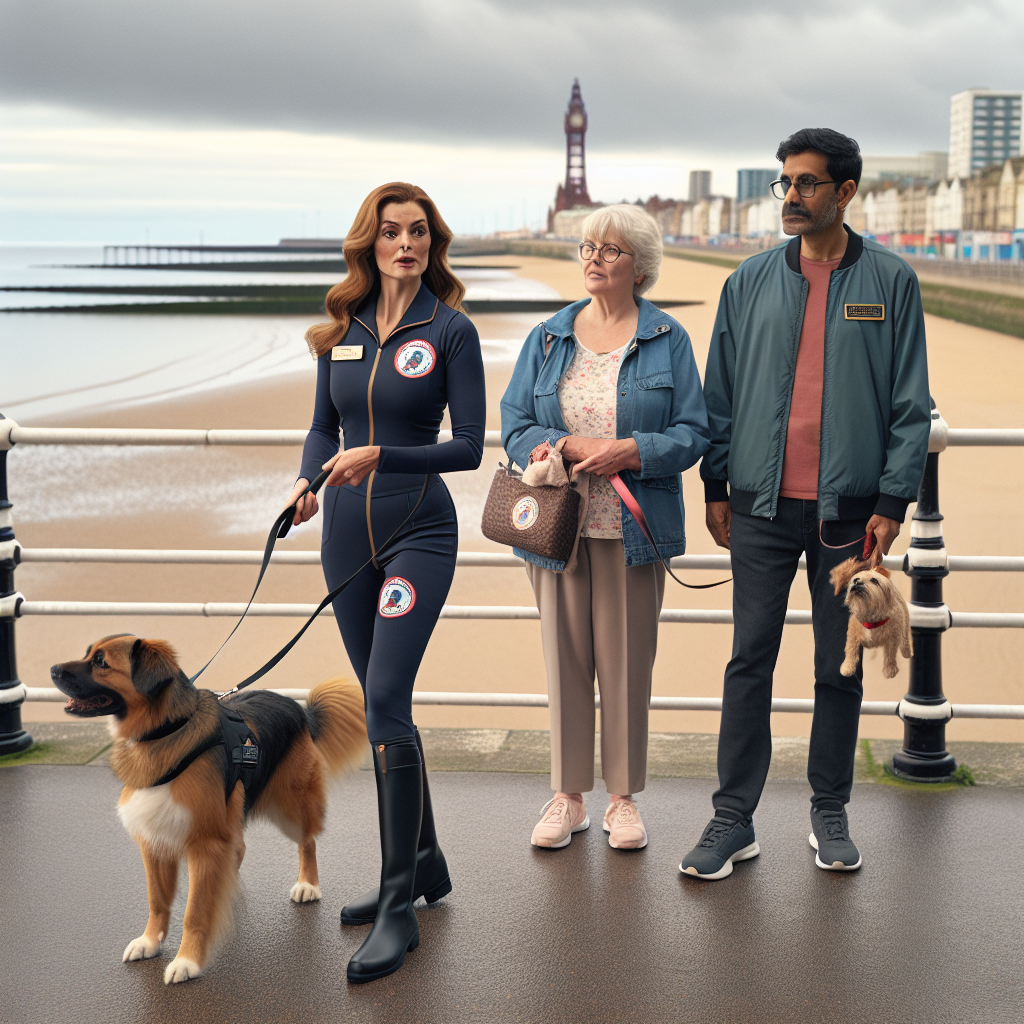 Smart trainer teaching loose lead walking to a family dog on a UK coastal promenade