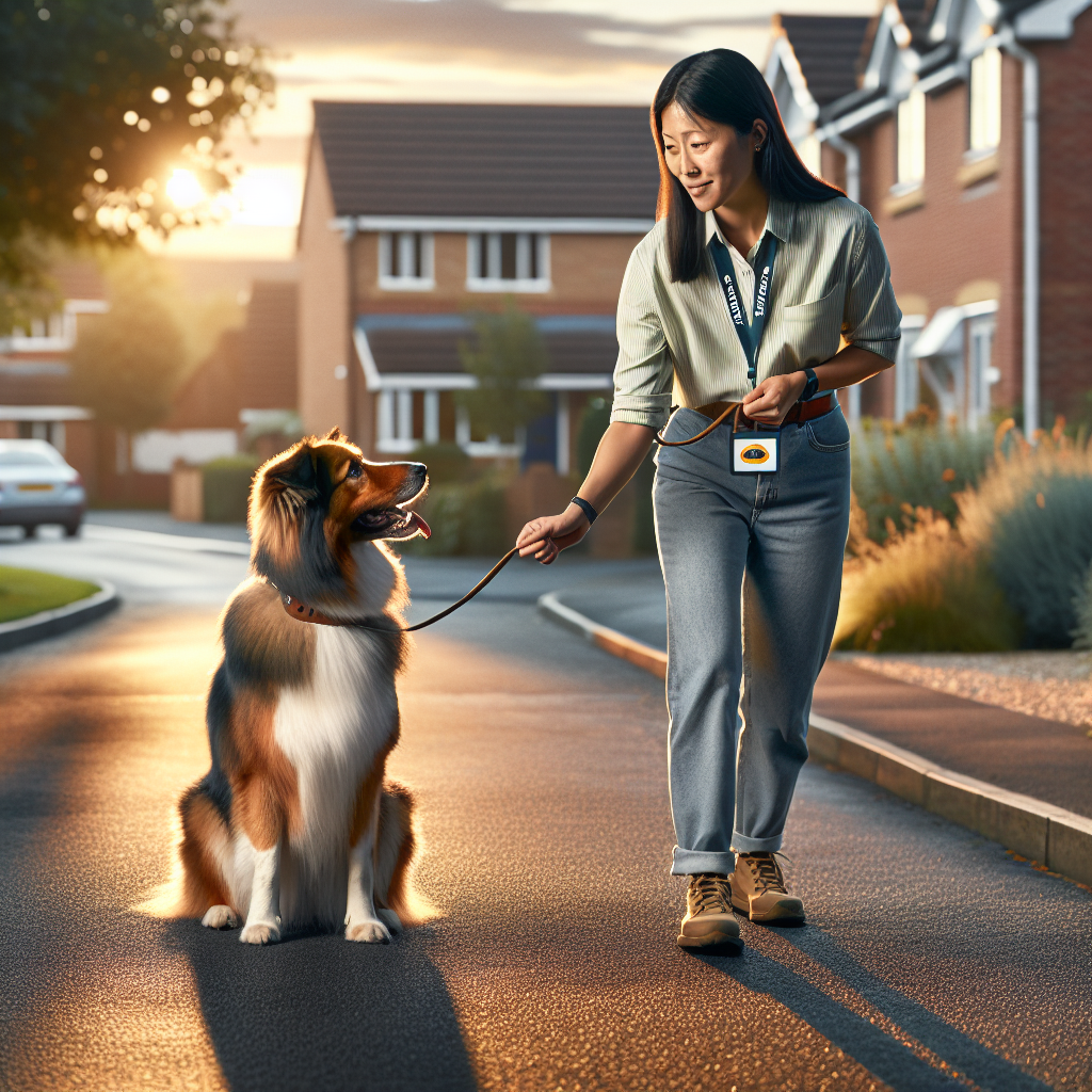 Trainer creating space with an arc while handling a reactive dog on a quiet UK street