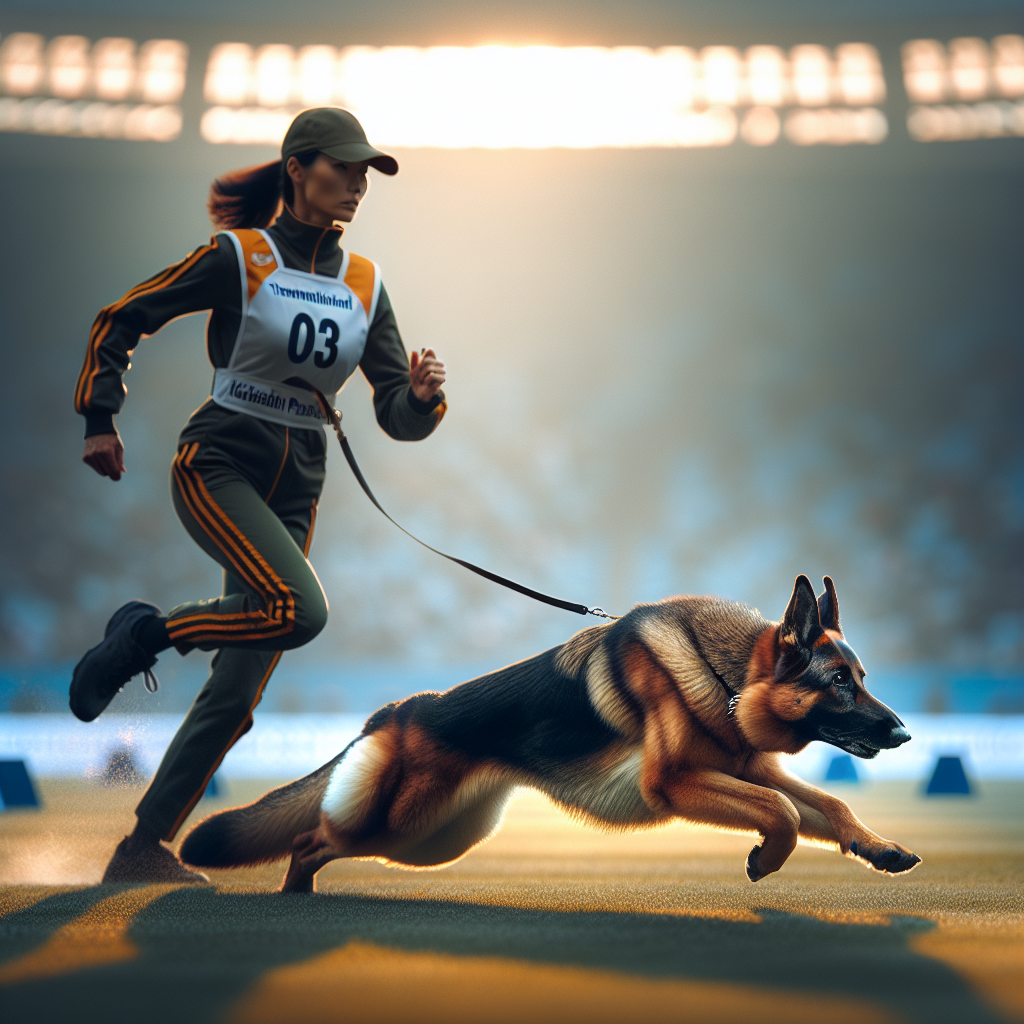 German Shepherd performing a fast down during an IGP recall with a calm UK handler