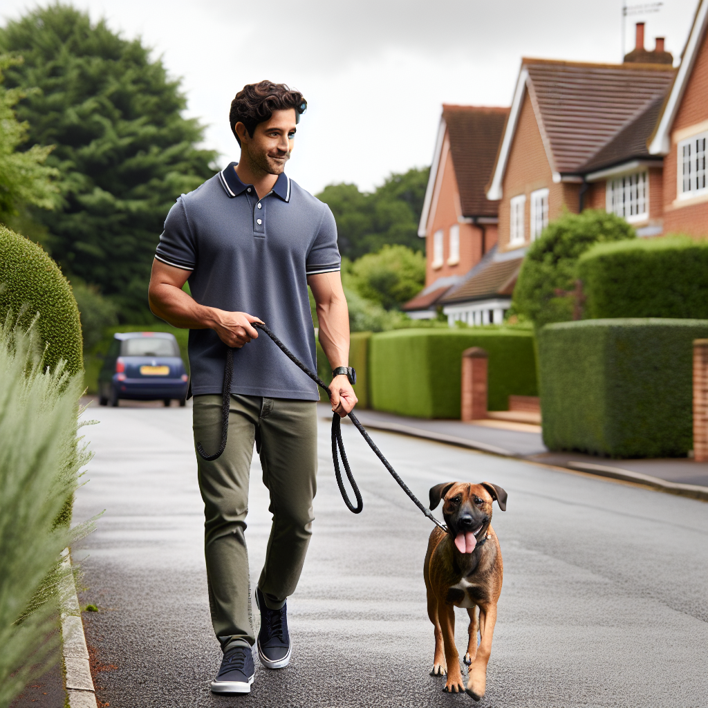 Trainer practising loose lead walking with a focused dog on a quiet suburban street in Thatcham