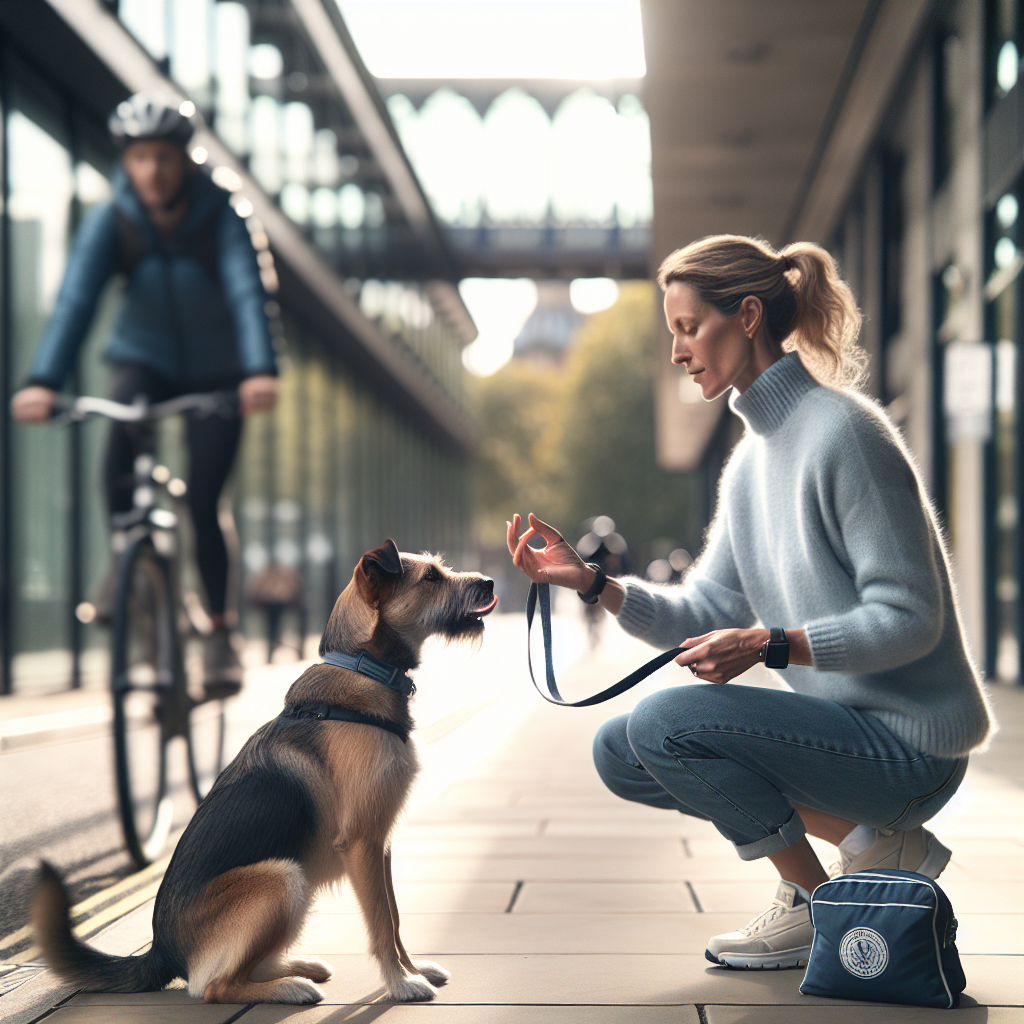 UK trainer rewarding a mixed breed dog for focus on a quiet city street with mild distractions passing by