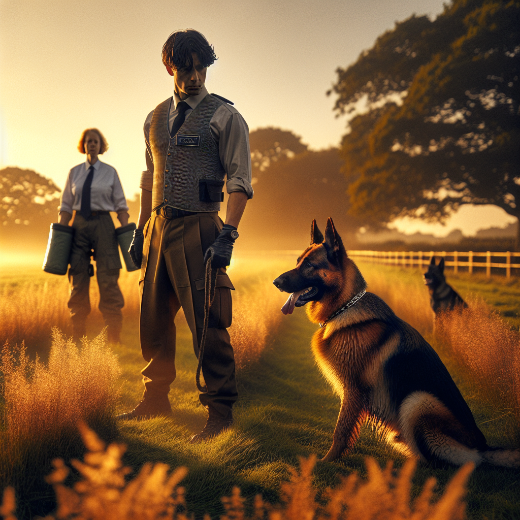 Trainer heels a focused German Shepherd past a stationary helper on a UK IGP field after protection