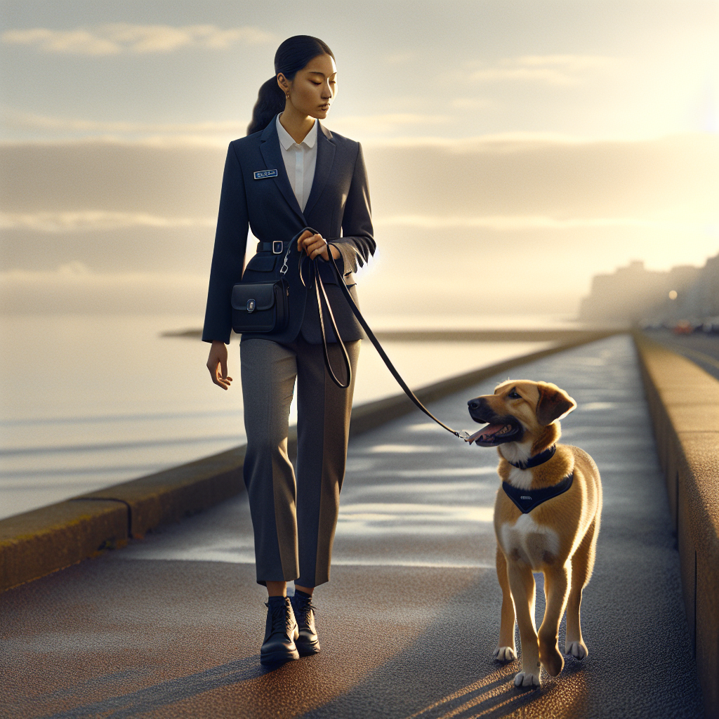 Trainer guiding a dog on loose lead near a coastal promenade in Plymouth at sunset