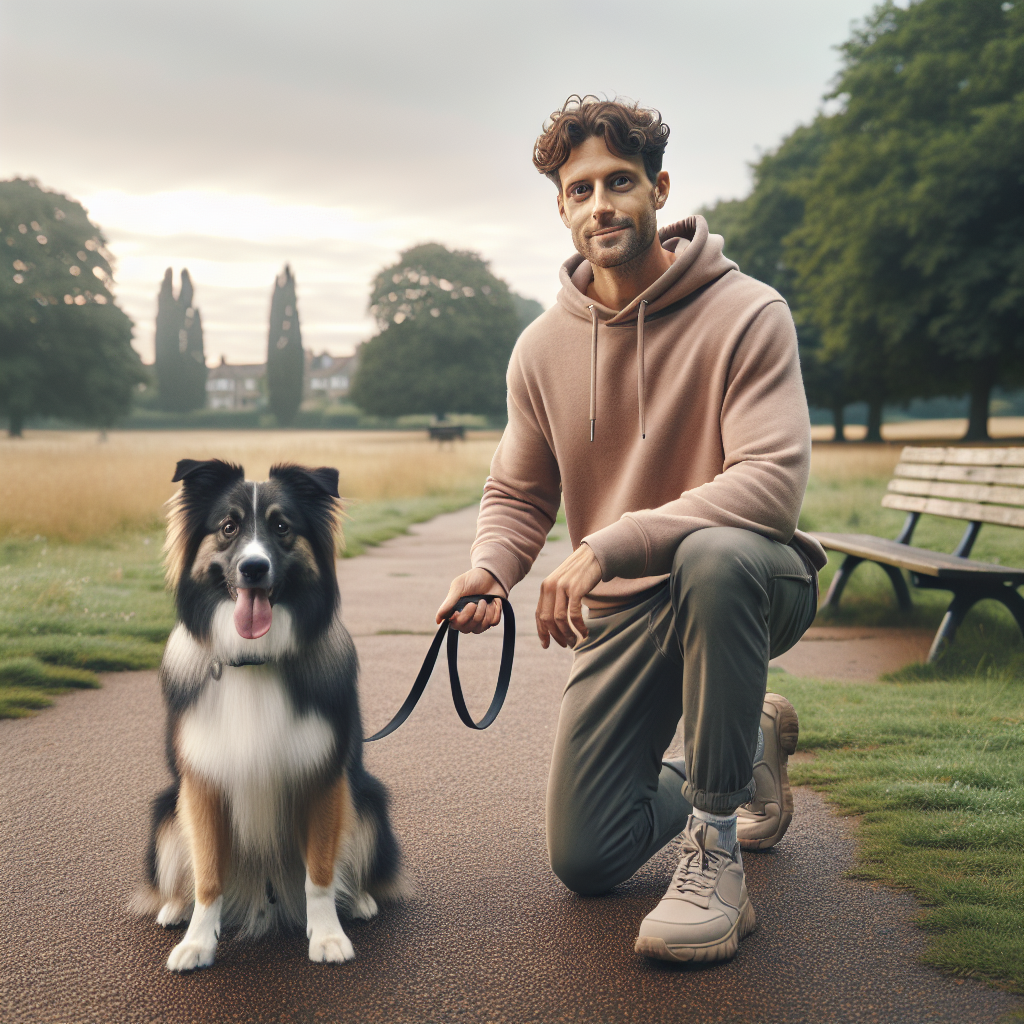 UK trainer guiding a calm reset session with a dog on a loose lead in a quiet park