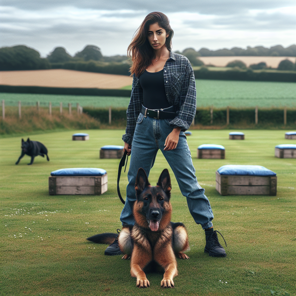 Trainer and protection dog showing calm control beside a neutral decoy on a UK field