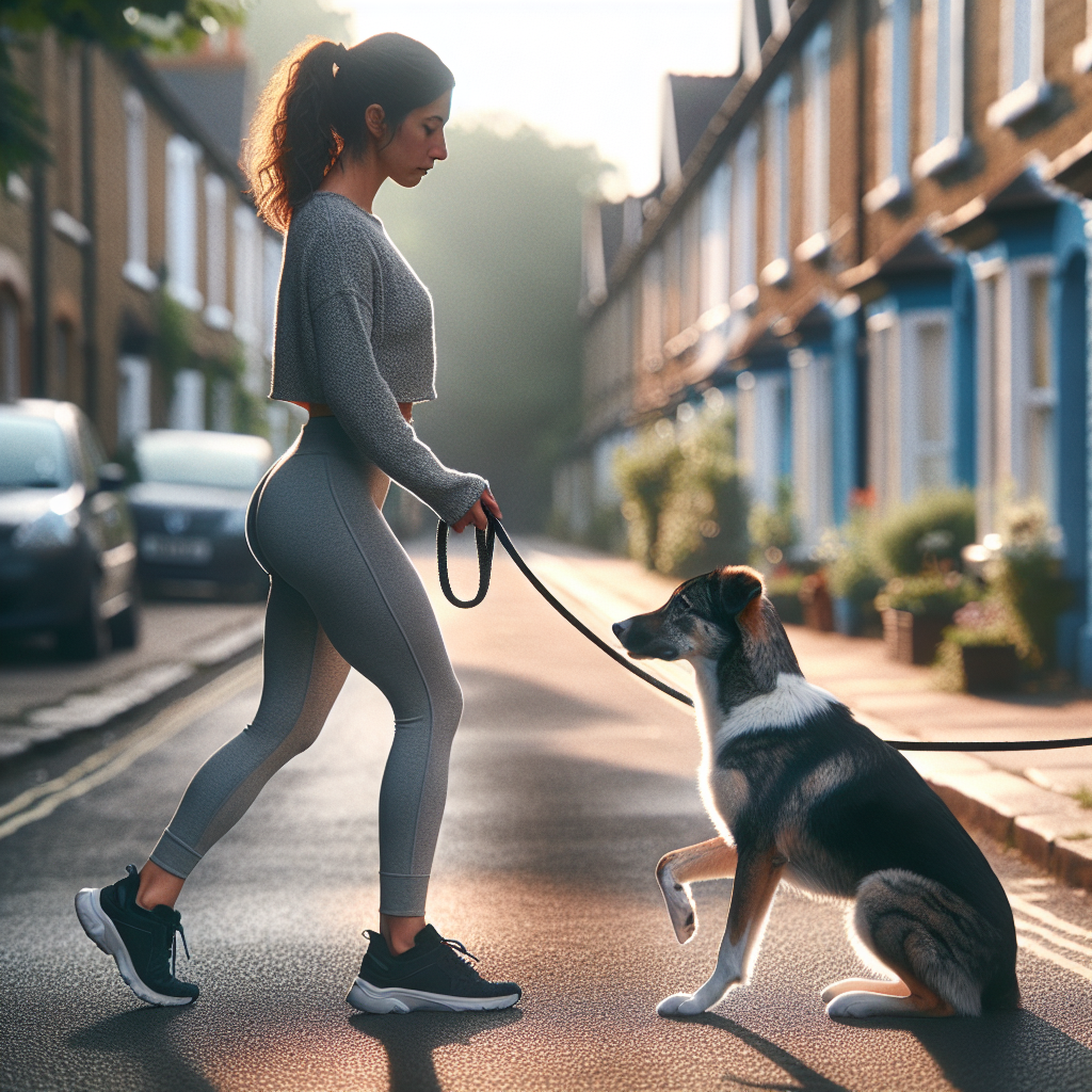 Trainer guiding a mixed breed dog in a calm heel with a loose lead on a quiet UK street