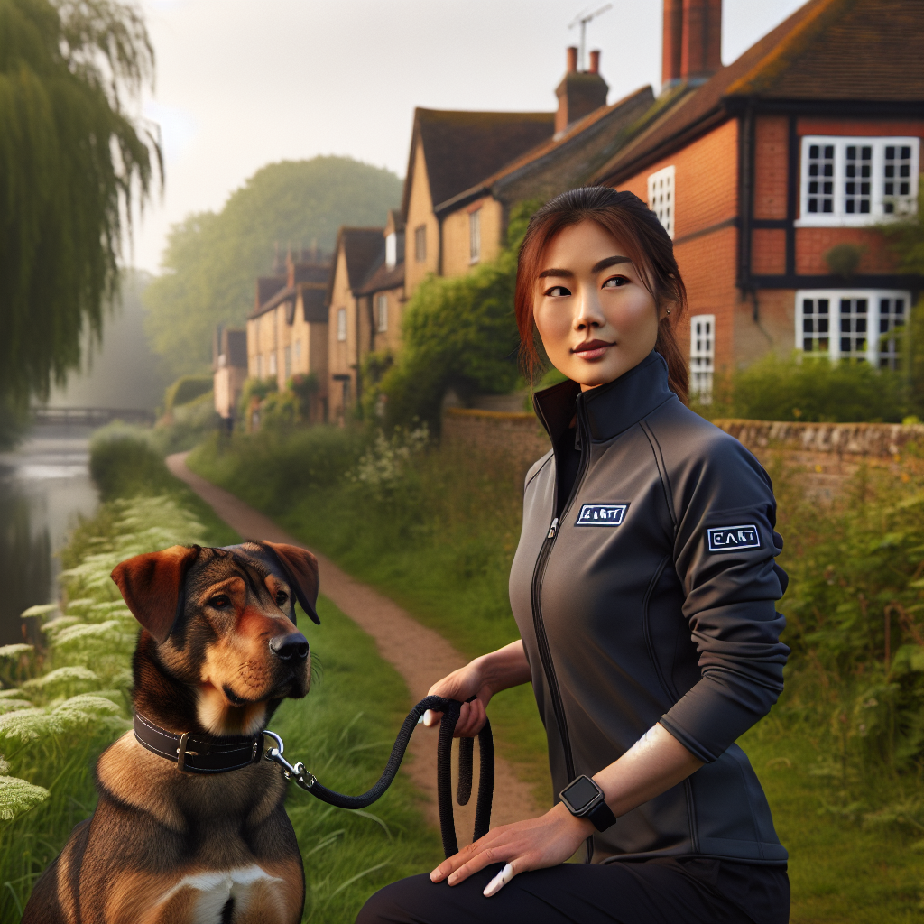 Trainer guiding a dog in heel beside a riverside path in a quaint UK town