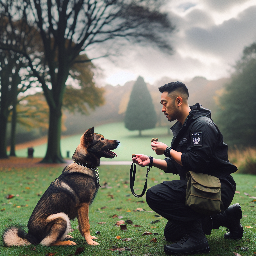 Trainer guiding a mixed breed dog through calm, structured reps in a quiet UK park