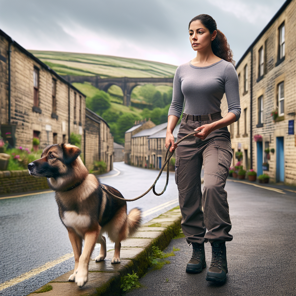 Trainer practising loose lead walking with a dog on a narrow pavement in a Lancashire town