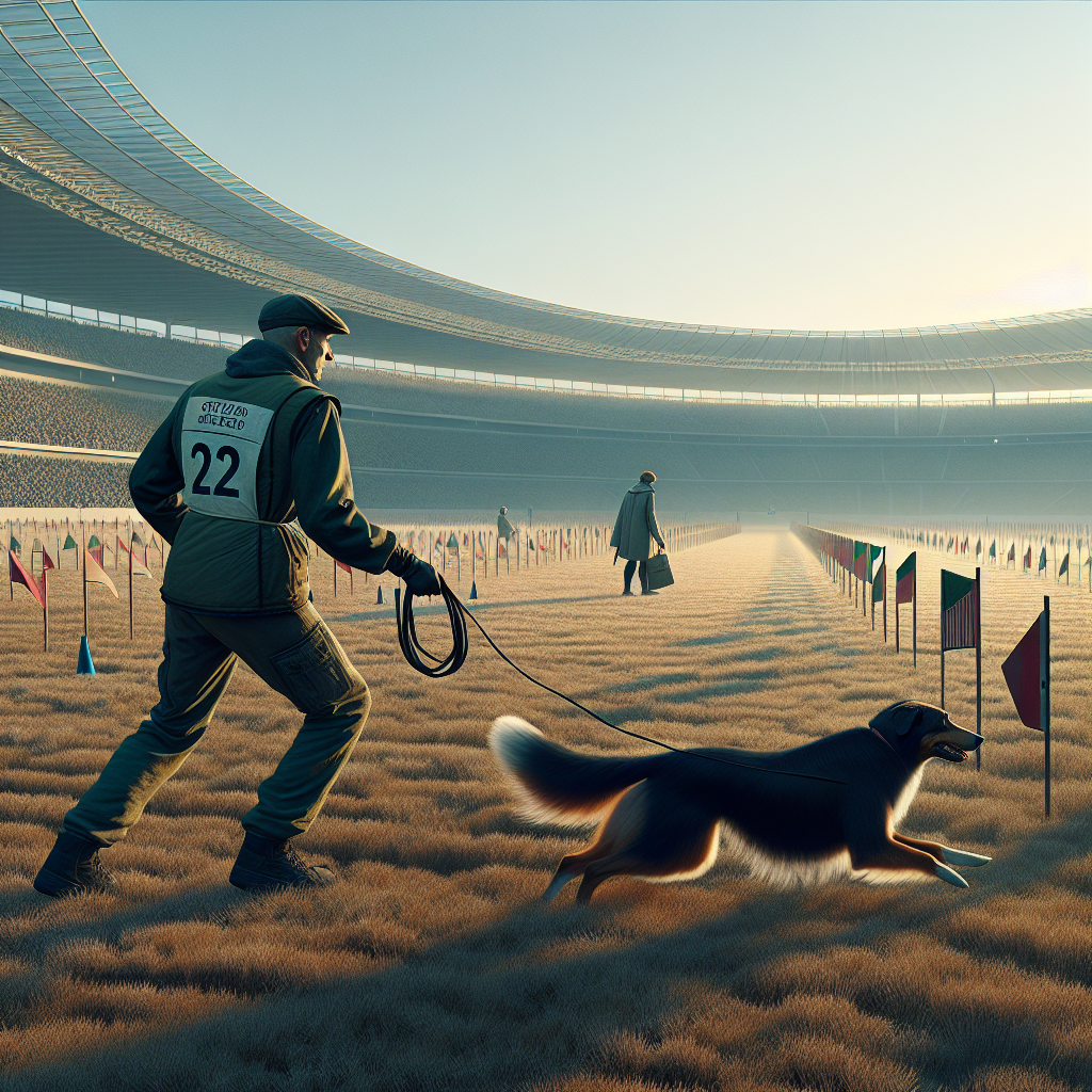 IGP handler practising national-level heeling with helper and tracking flags on a UK field