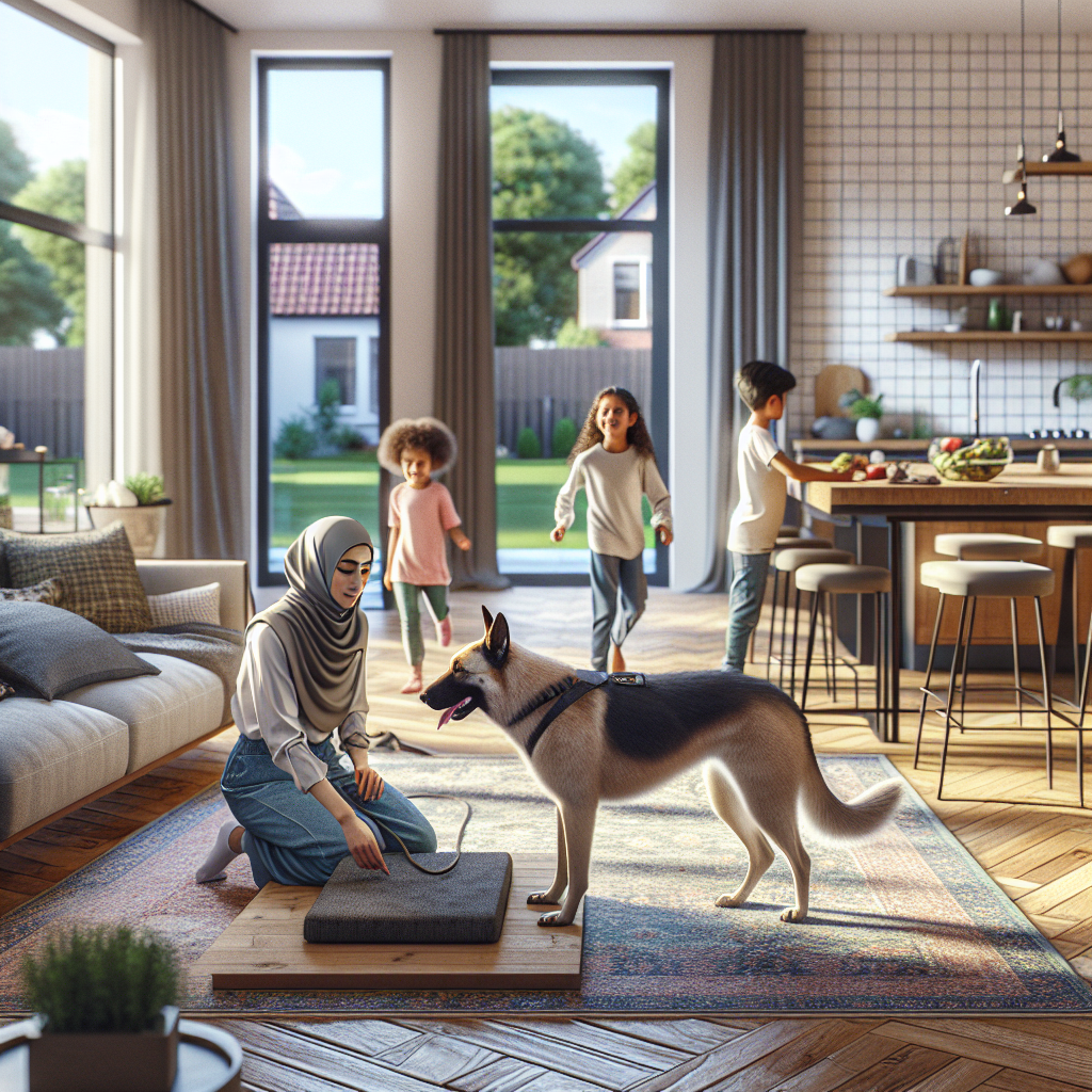 Trainer guiding a calm dog to a mat in a bright UK open plan living room and kitchen