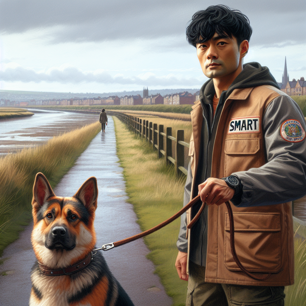Smart trainer practising loose-lead walking with a mixed-breed dog on a riverside path in Wallsend