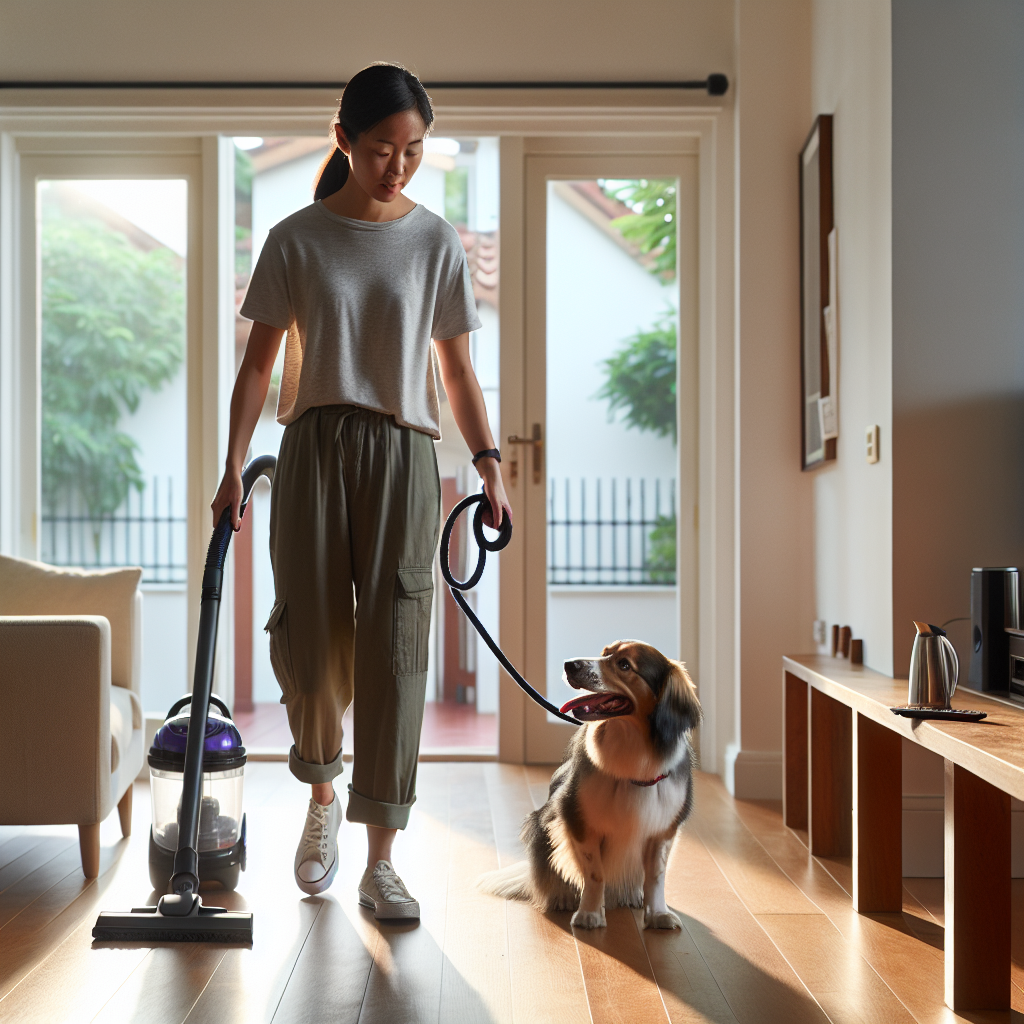 Trainer guiding a dog to stay calm on Place while a vacuum runs in a bright UK living room