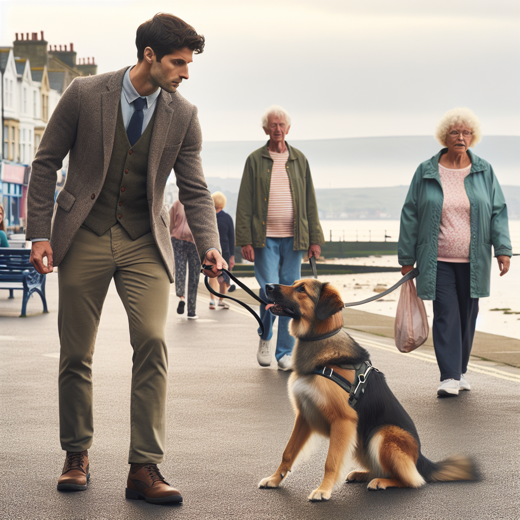 Trainer practising loose-lead walking and recall with a focused dog near a UK coastal promenade