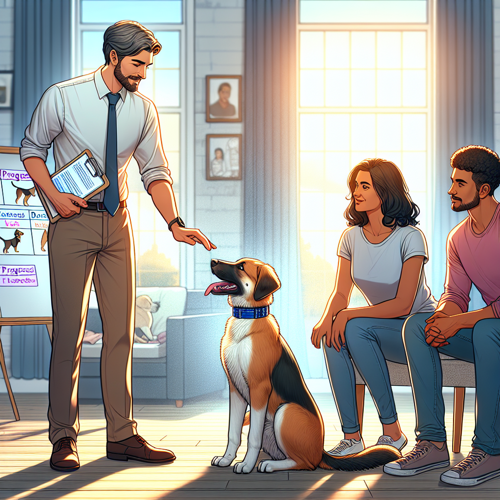 Smart trainer coaching a family and their dog through heel and place with a progress chart in a UK home