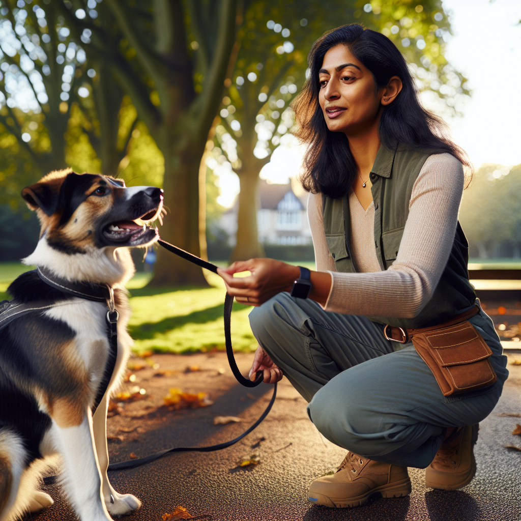 Smart trainer helps a distracted dog re-engage on lead in a UK park