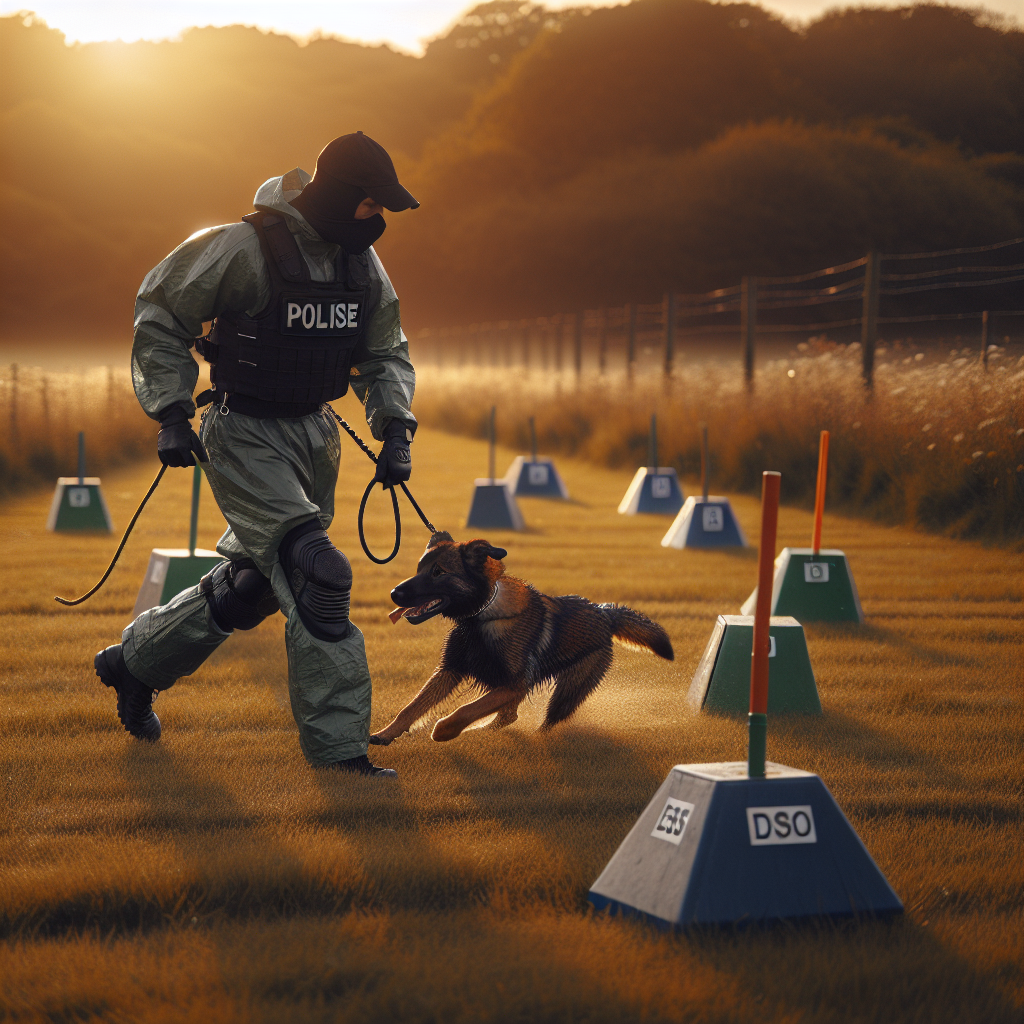 IGP helper guiding a young dog through soft tug engagement on a UK training field