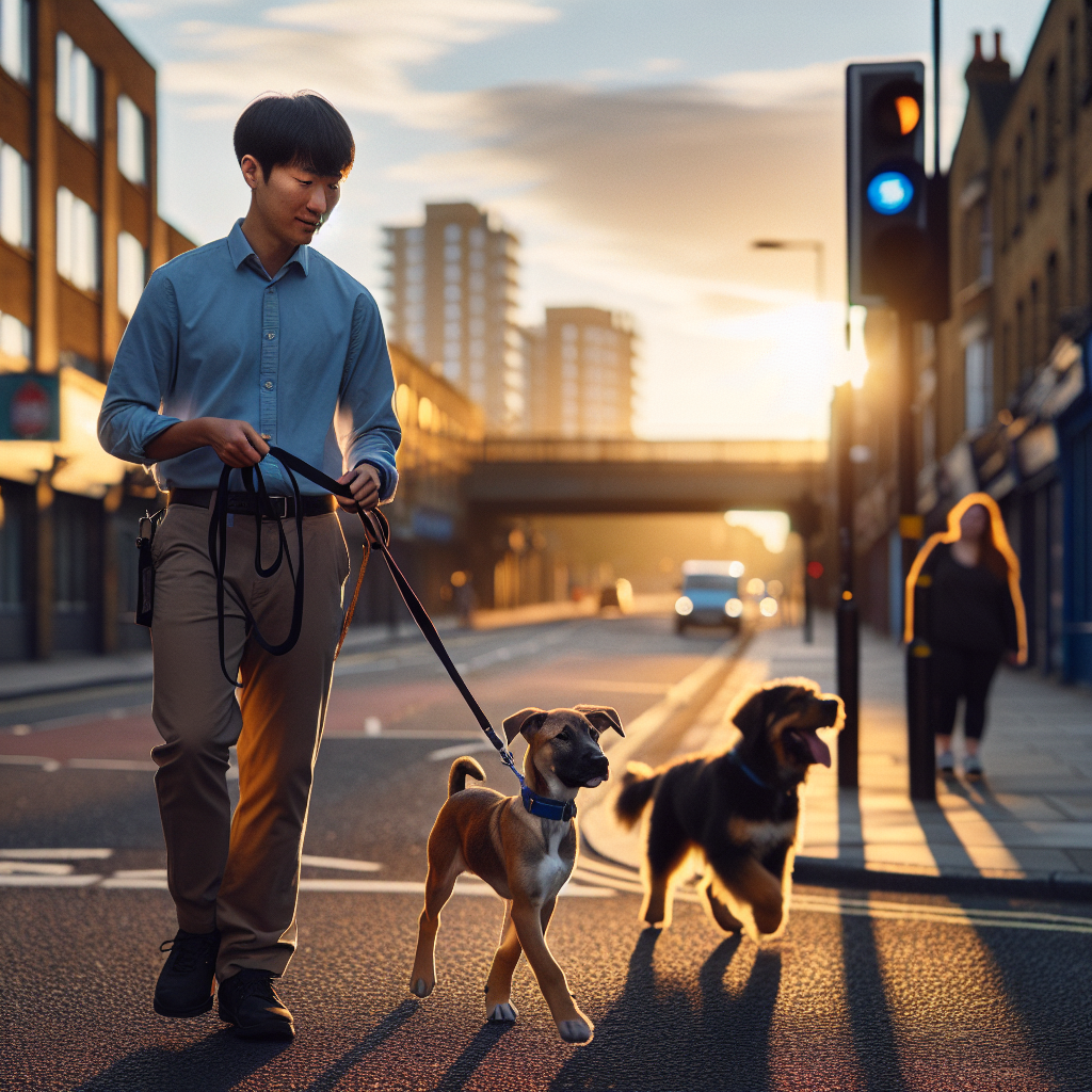 Trainer guiding a young dog to walk calmly on a loose lead on a UK pavement as another dog passes