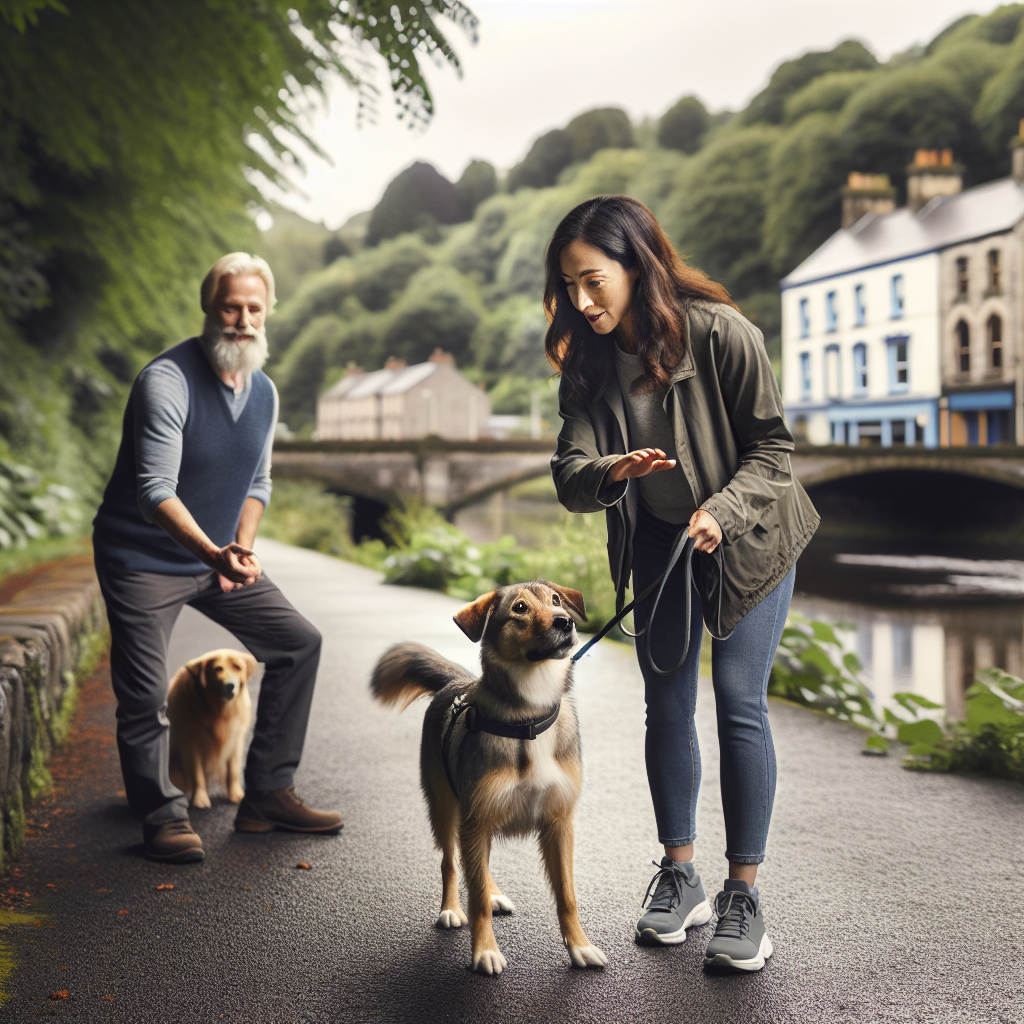 Trainer and mixed-breed dog practising loose lead walking on a leafy path in Antrim