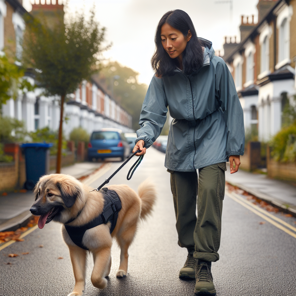 Trainer practising loose lead walking with a mixed breed dog on a leafy Reading street