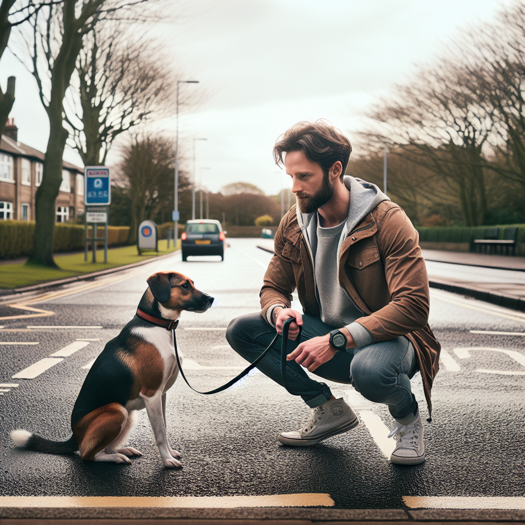 UK trainer teaching a mixed-breed dog to sit and stay on a pavement with light distractions