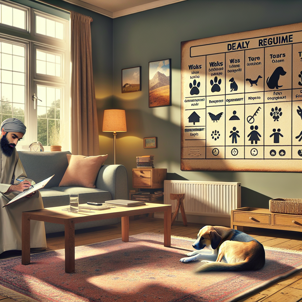 UK dog trainer and owner adjusting a daily routine with a calm dog resting on a mat at home