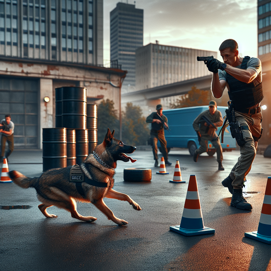 Handler and working-breed dog training controlled protection with layered distractions in a UK urban yard
