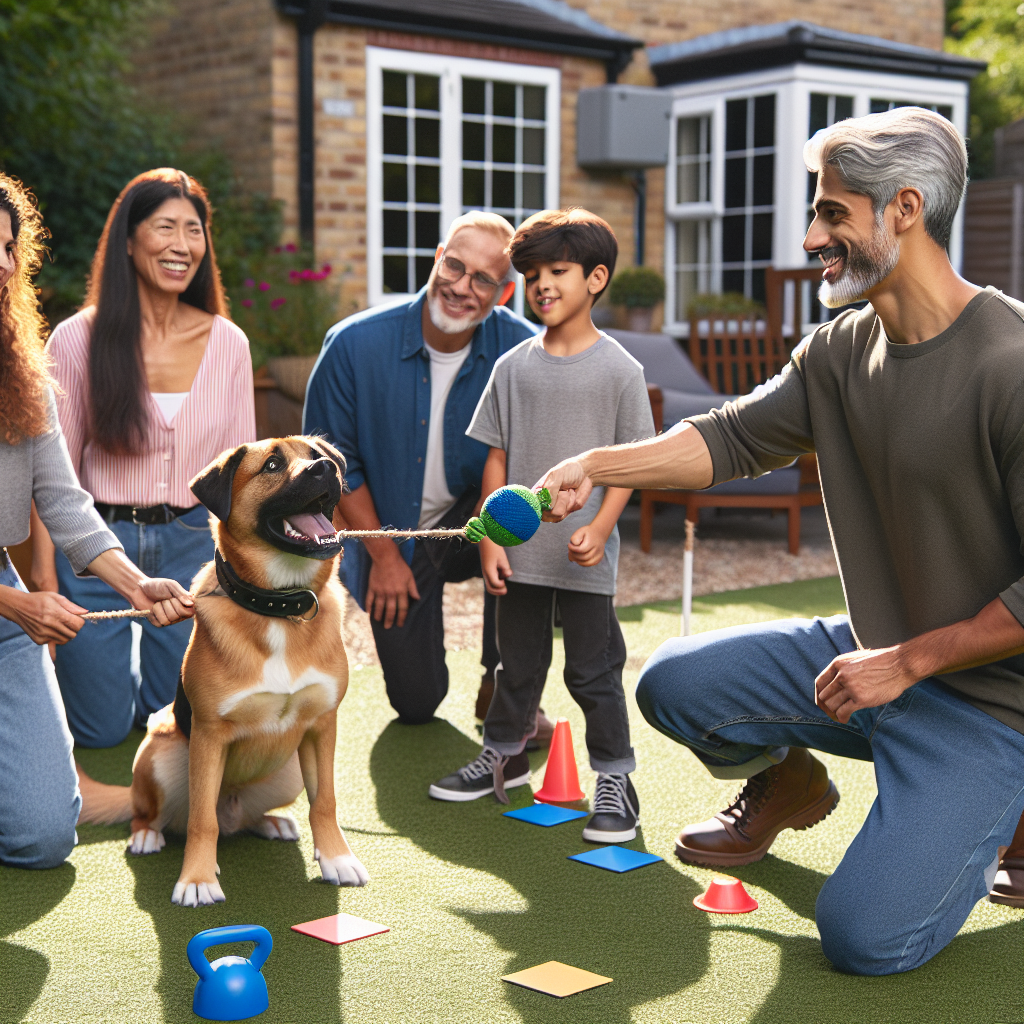 UK trainer guiding a family through structured tug and fetch with a focused dog in a garden