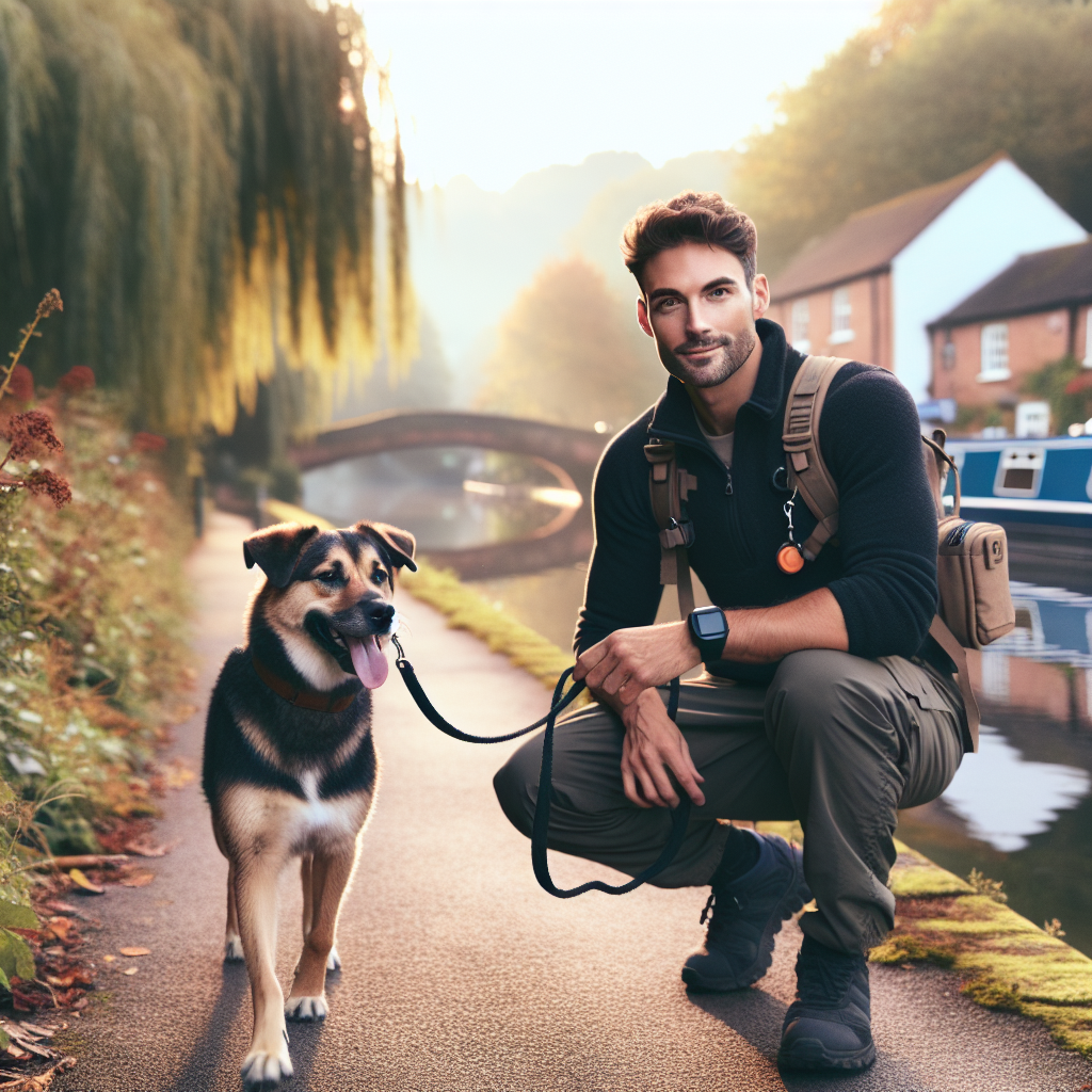 Trainer practising loose lead walking with a mixed breed dog beside a riverside path in Tamworth