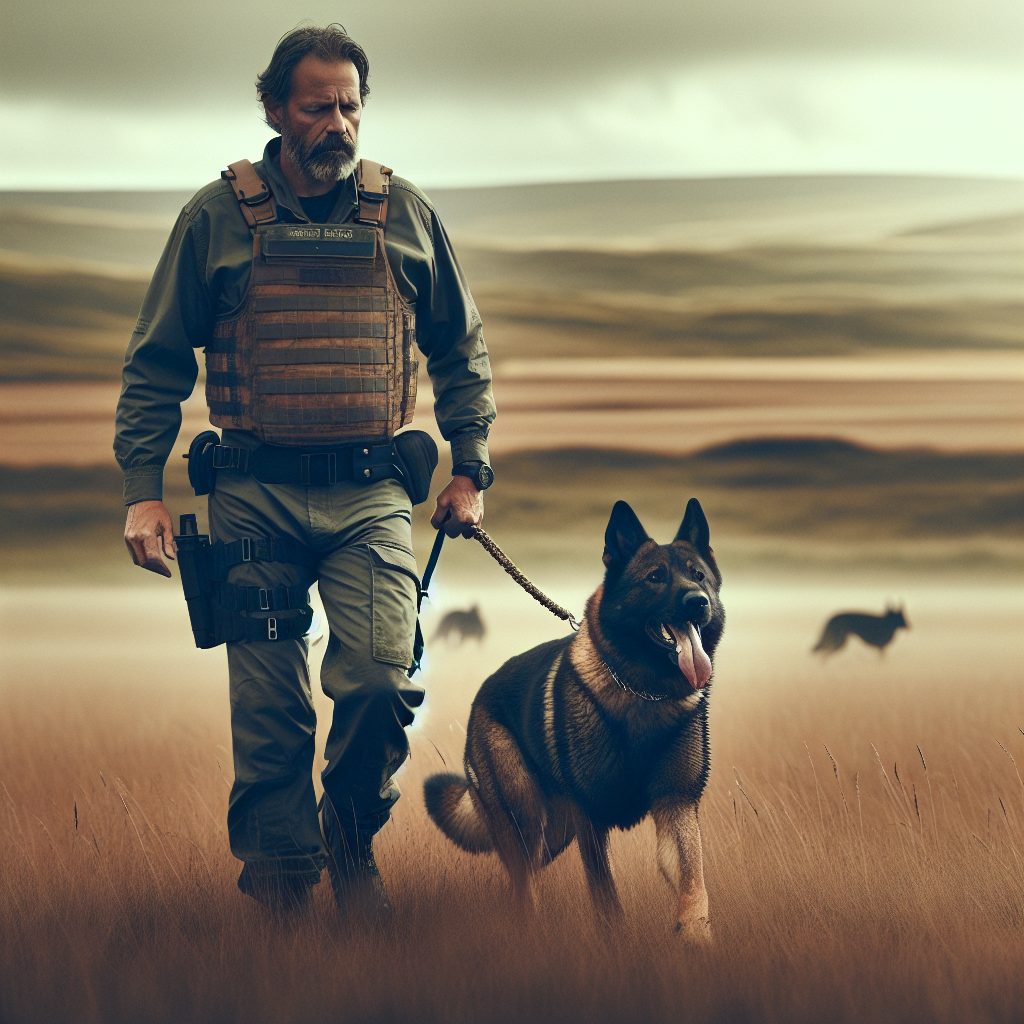 Trainer guiding a working dog in a calm back transport behind a neutral decoy on a UK training field