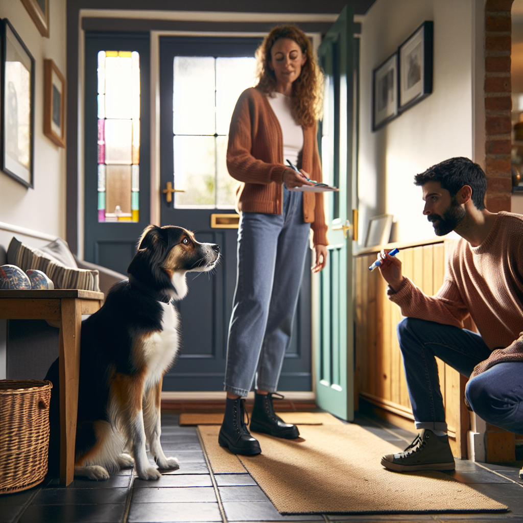 Trainer guiding a dog to wait calmly at an open front door in a UK home
