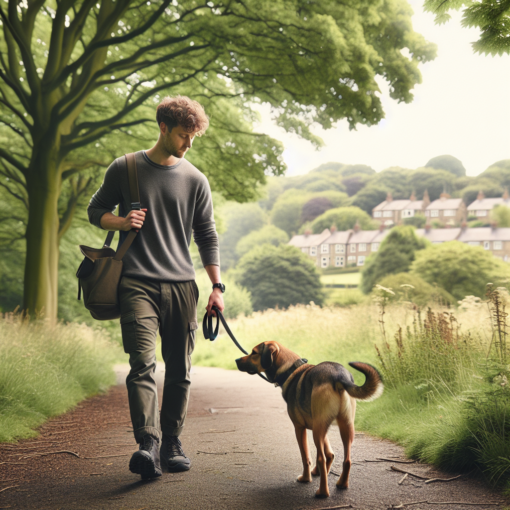 Trainer teaching loose-lead walking with a mixed-breed dog on a leafy Darlington path