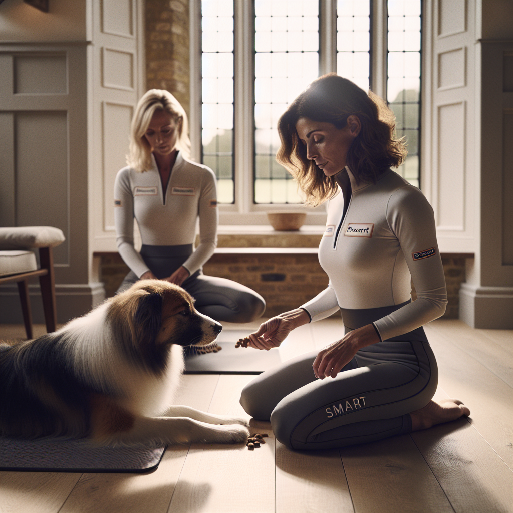 Trainer rewarding a calm mixed-breed dog settling on a mat in a UK home