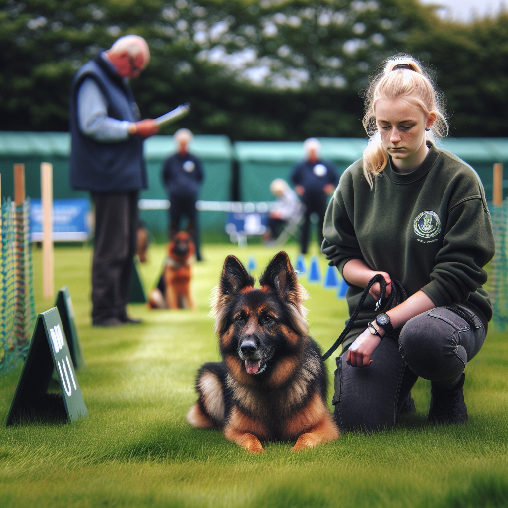 Handler and German Shepherd preparing on a UK trial field with judge and helper nearby