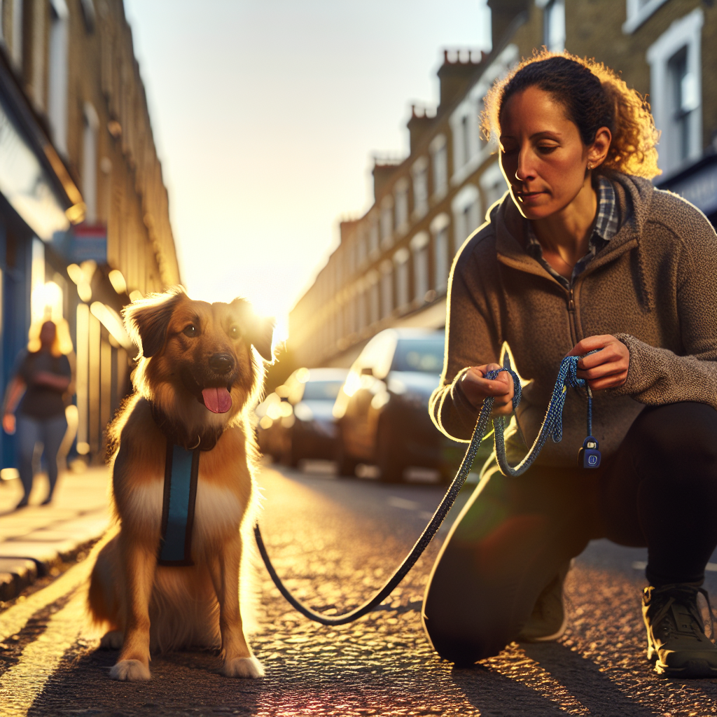 Trainer practicing a 1 2 3 Walk pattern with a focused dog on a quiet UK street