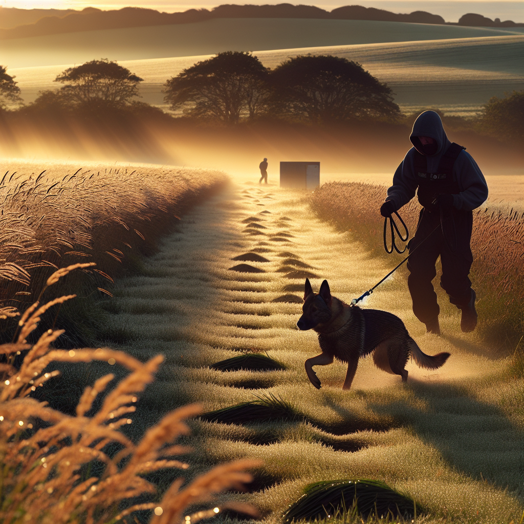 Handler guiding a focused working dog with deep nose tracking in a dewy UK field at sunrise