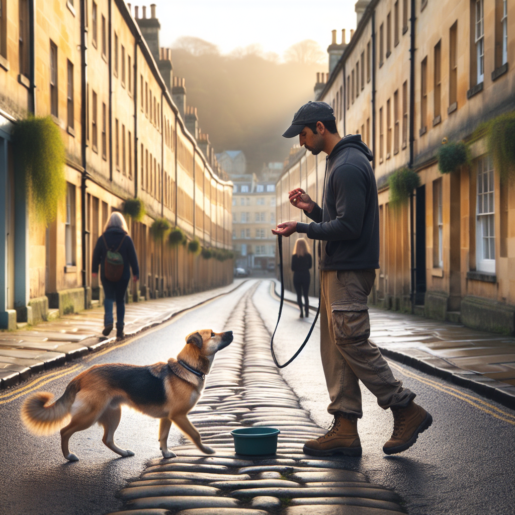 Trainer practising loose lead walking with a mixed-breed dog on a Georgian street in Bath